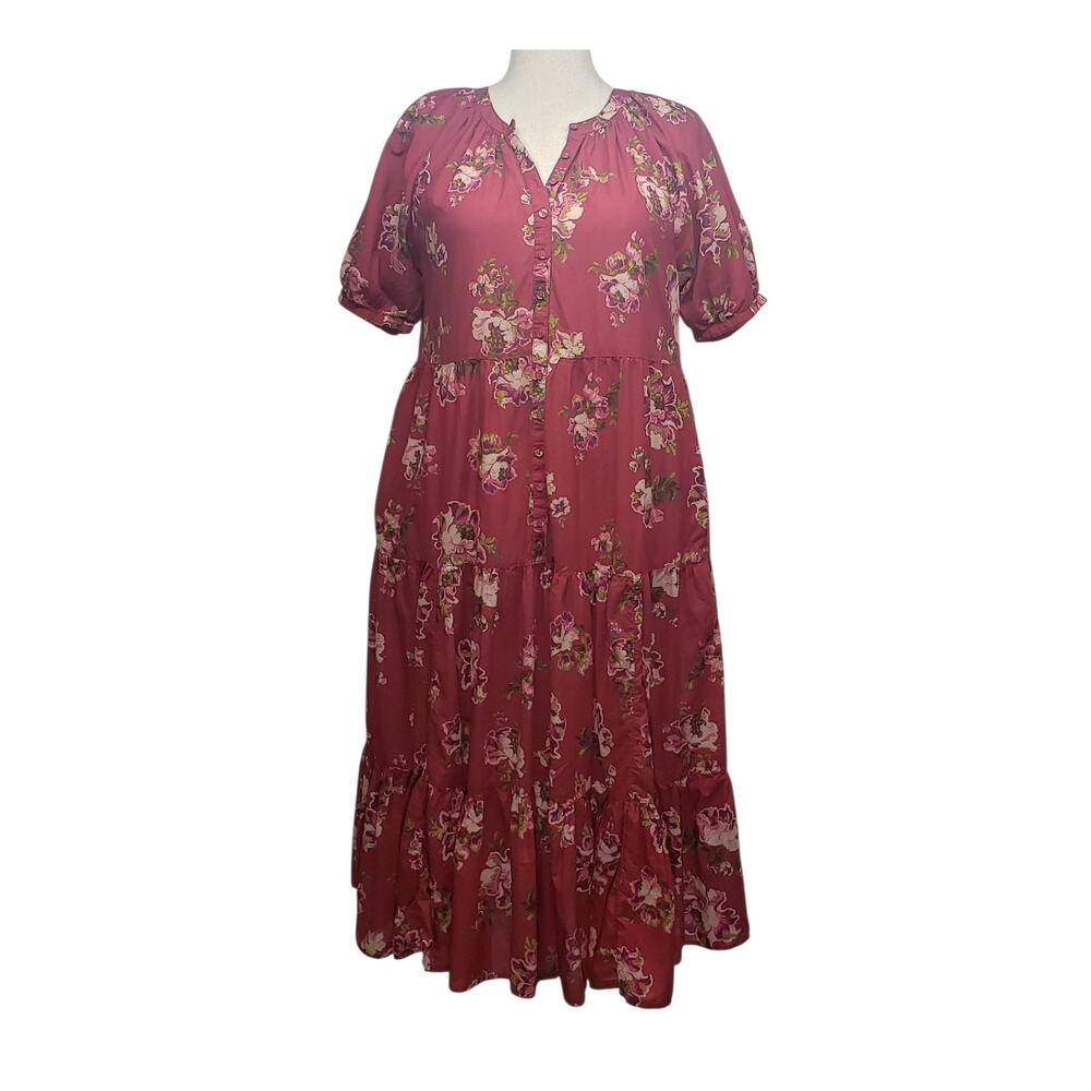 Sundance Womens M Floral Burgundy Tiered Maxi Dress Boho Cottagecore Peairie